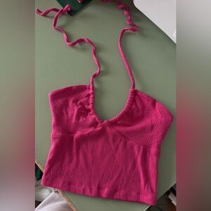 Aritzia Pink Ribbed Halter Crop Top